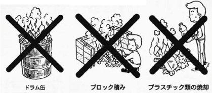 やってはいけない焼却の例を表したイラスト。ドラム缶、ブロック積み、プラスチック類の焼却が描かれており、それぞれのイラストの上に大きくバツ印が引かれています。